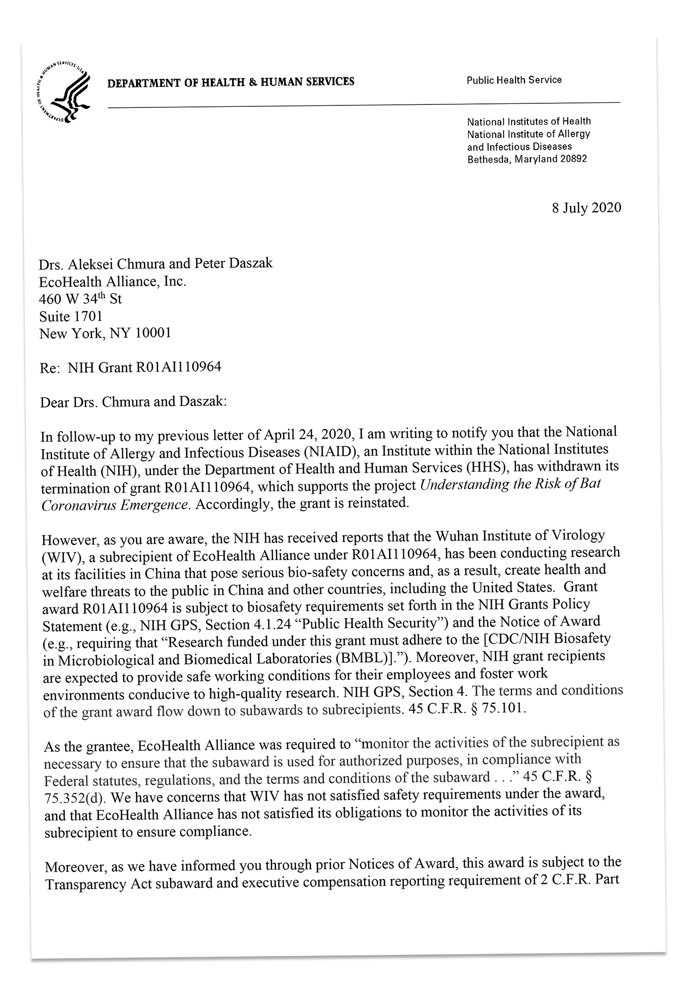 NIH letter daszak chmura grant letter gain of function