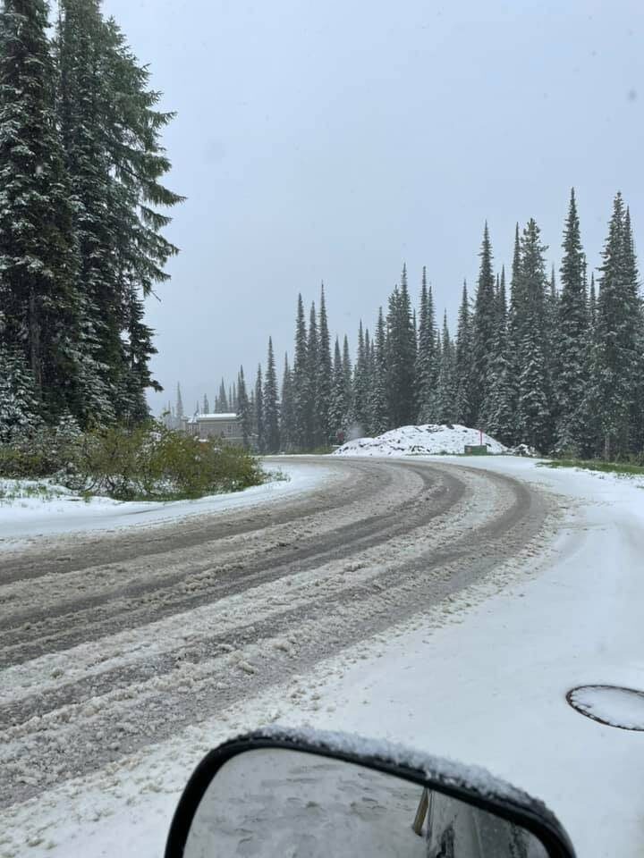 Snow falling on Silver Star Road.