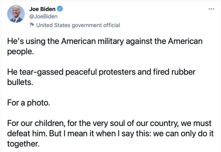 Click to enlarge biden tweet trump teargas lafayette park