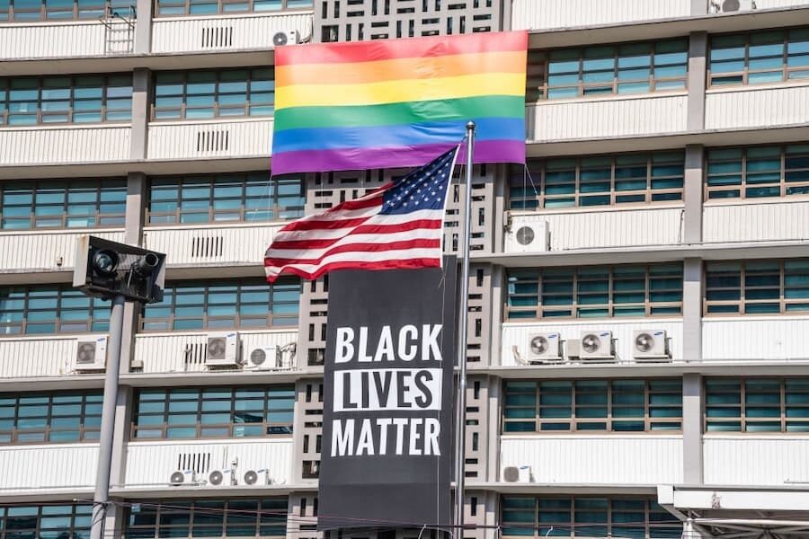 blm and rainbow flags