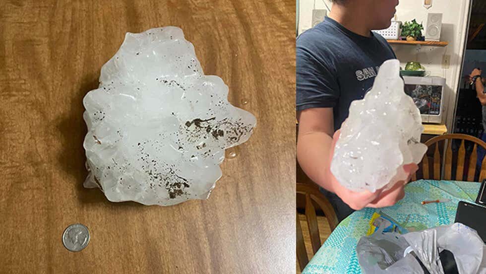 A massive hailstone, compared to the size of a quarter (left), recovered in Hondo, Texas