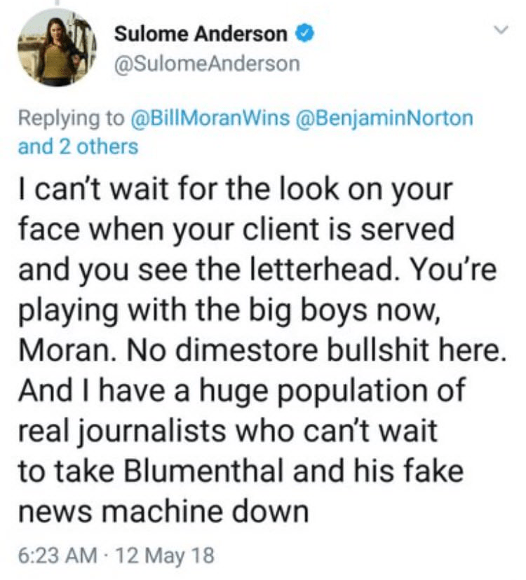 Click to enlarge sulome anderson lawsuit grayzone blumenthal threat