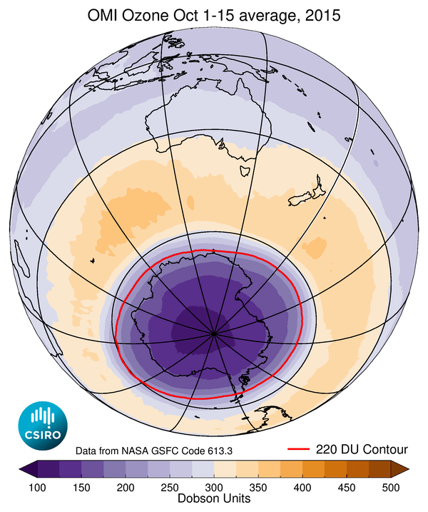 Click to enlarge ozone concentrations over the southern hemisphere during October 1-15, 2015