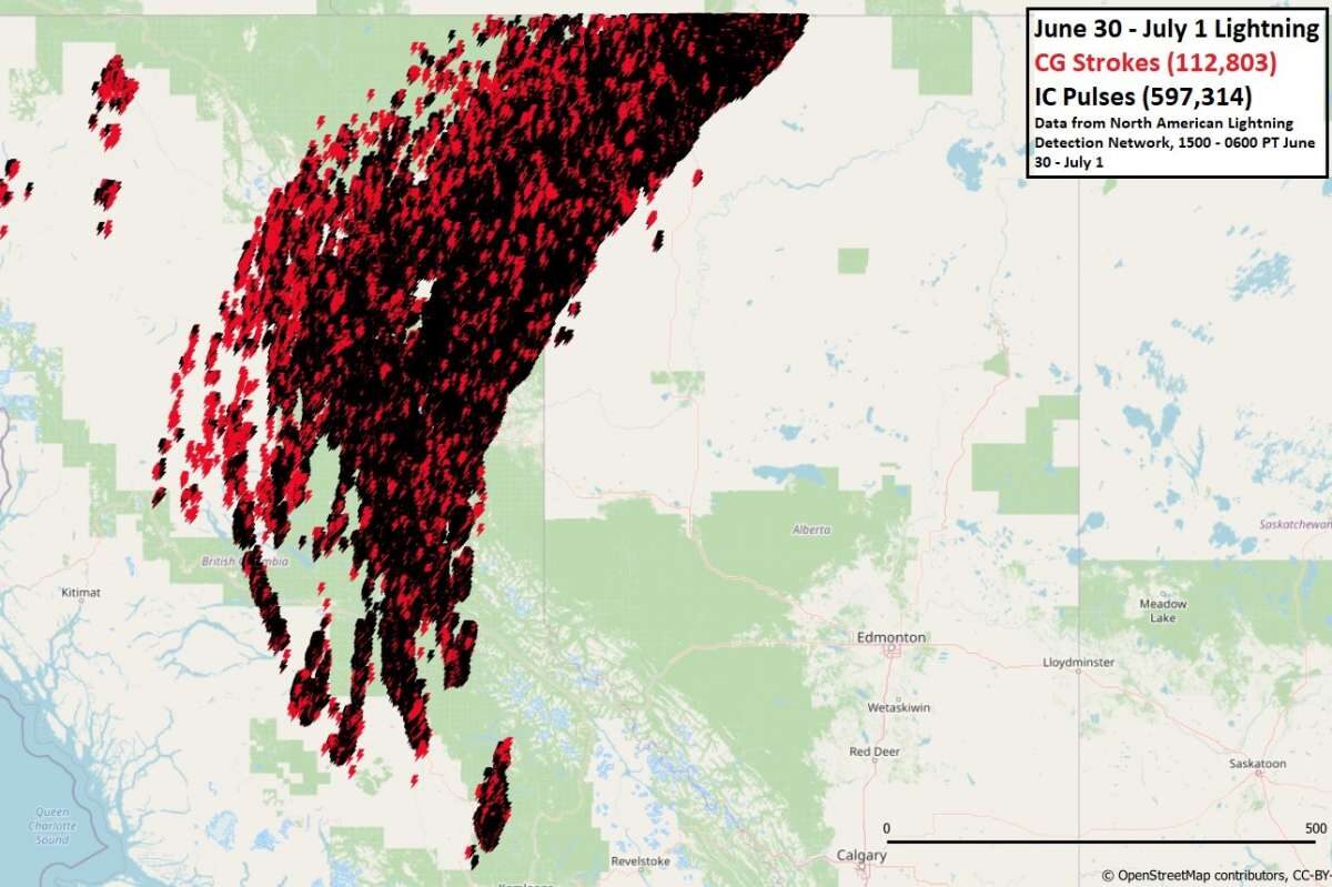 710,117 lightning strikes in western Canada in 15 hours