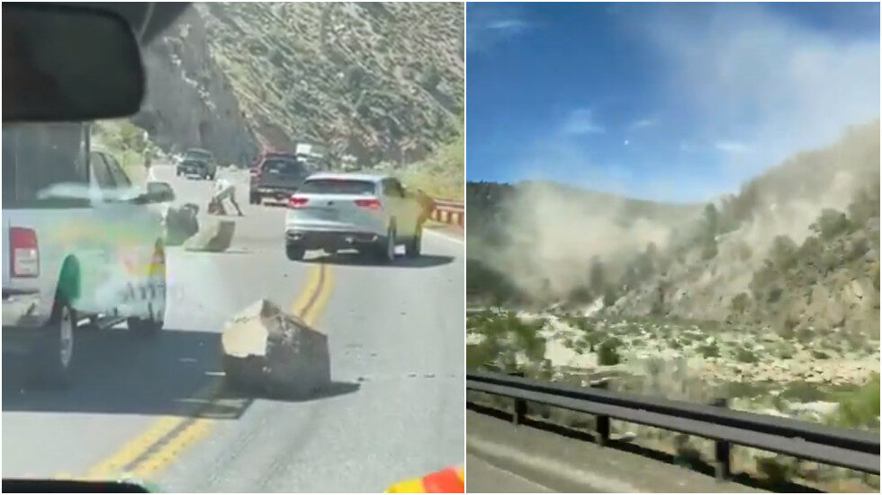 The aftermath of an earthquake is seen on California's Highway 395