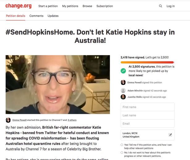 katie hopkins petition australia covid quarantine
