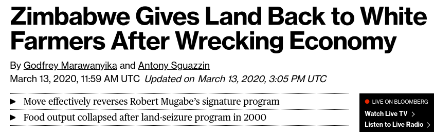 farm land to blacks zimbabwe headline