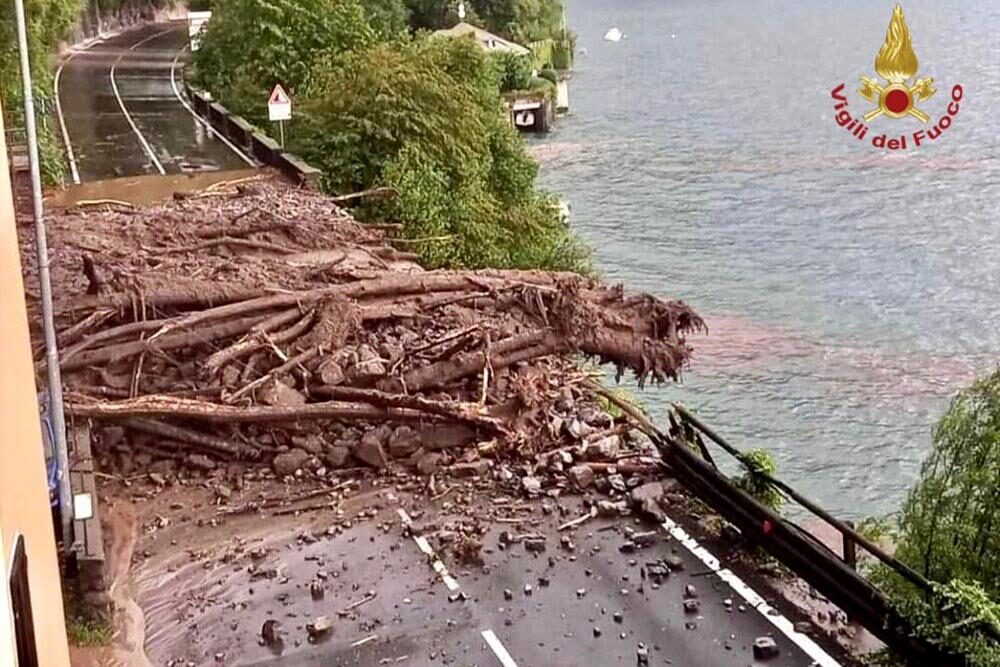 Flood and landslide debris in Lake Como, Italy, 27 July 2021