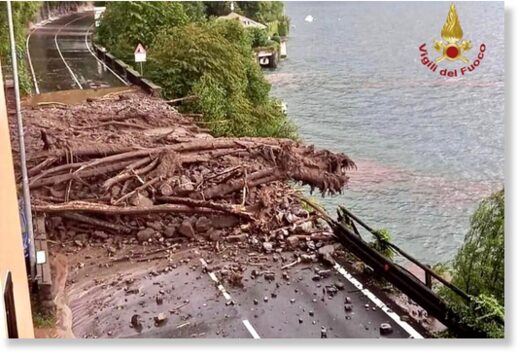 Flood and landslide debris in Lake Como, Italy, 27 July 2021