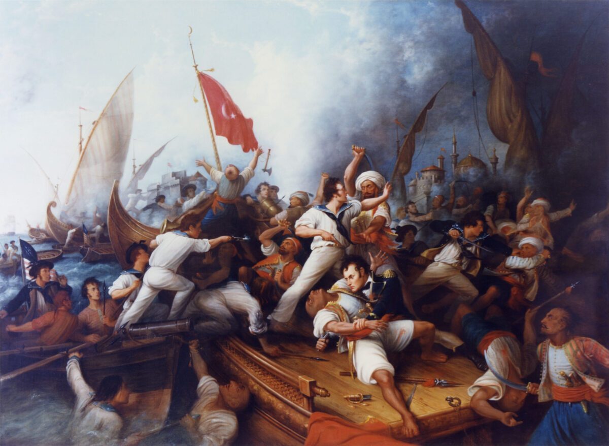 Click to enlarge 1804 battle between Arab pirates and the USS Enterprise