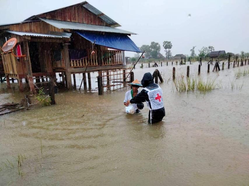 Red Cross deliver relief supplies to flood hit areas of Kayin State, Myanmar, July 2021.