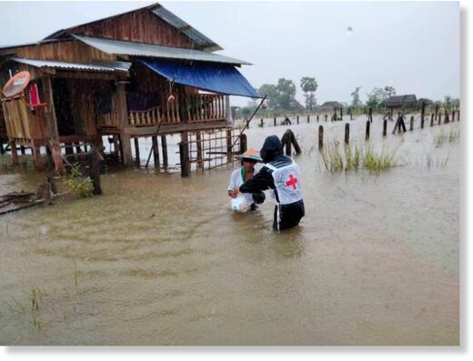 Red Cross deliver relief supplies to flood hit areas of Kayin State, Myanmar, July 2021.