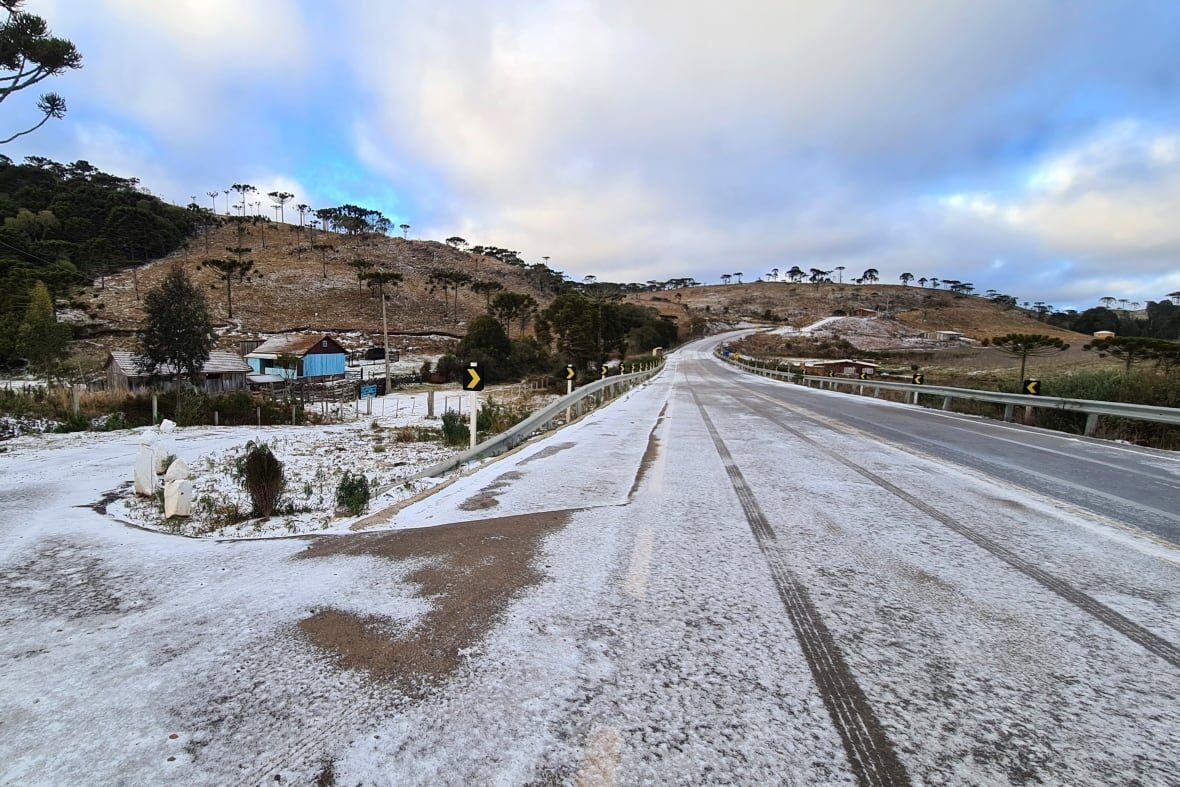 The cold snap led to snow in some parts of Brazil this week — as shown on the partially snow-covered road to Sao Joaquim, Brazil, on Thursday.