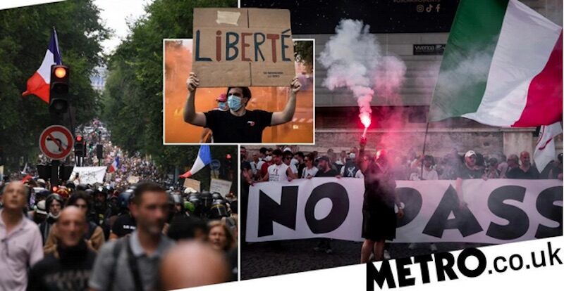 Click to enlarge Citizens protest health passports in more than 150 cities throughout France.