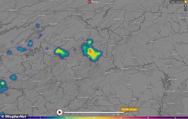 Click to enlarge Lightning struck MacRae Peak at 12.05pm Friday, as a storm passed over it abruptly. Pictured: Satellite image of the storm in the northern part of the state
