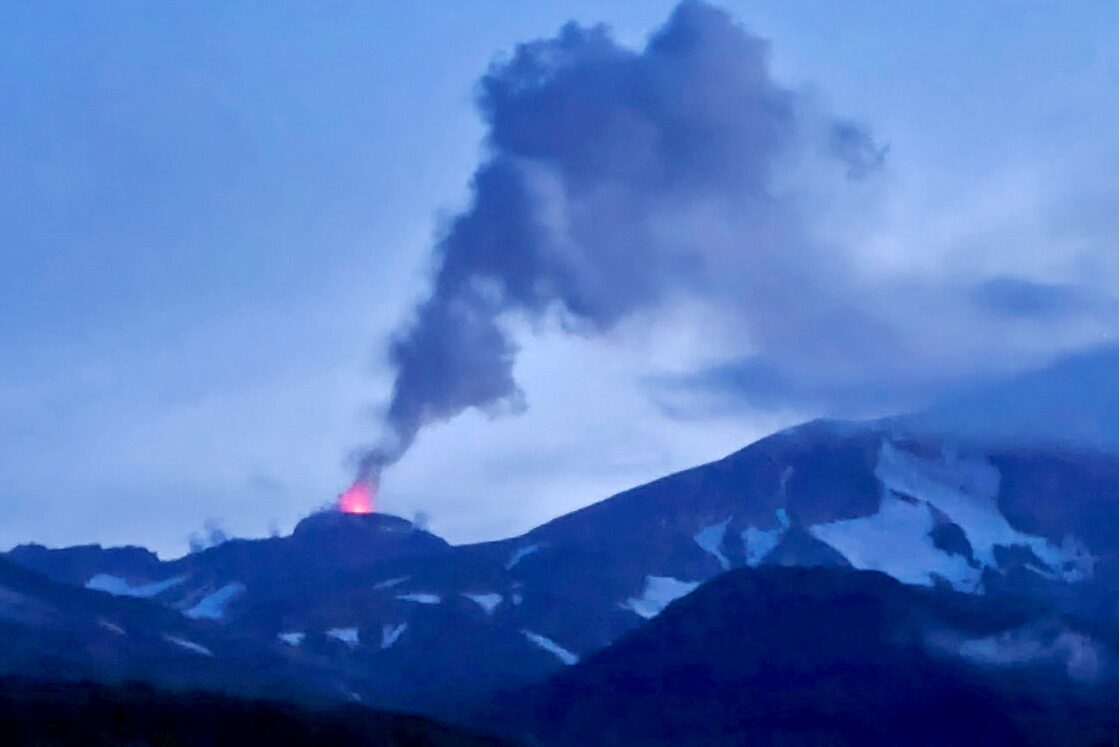 Active lava fountains spew from the Great Sitkin volcano in Alaska, on Aug. 5.