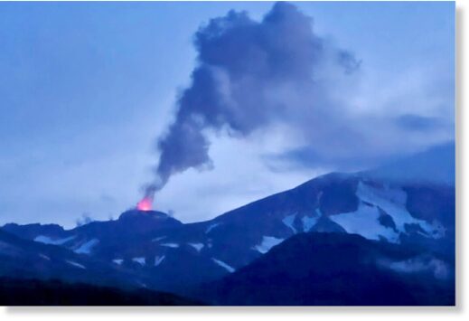 Active lava fountains spew from the Great Sitkin volcano in Alaska, on Aug. 5.