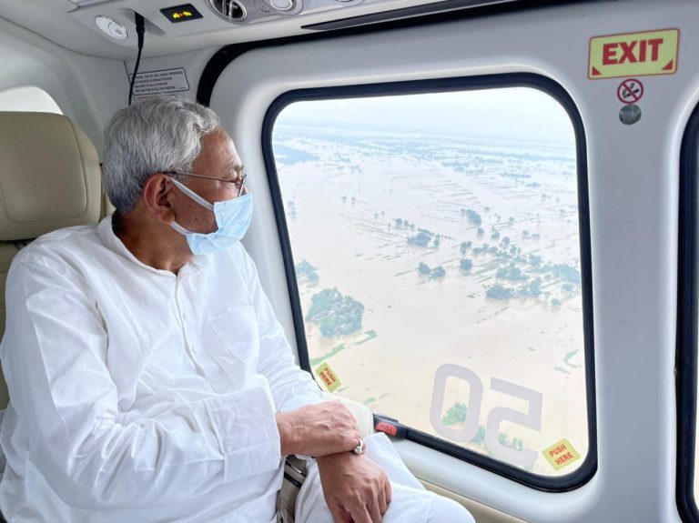 Bihar Chief minister, Nitish Kumar, surveys the floods in Bihar, India August 2021