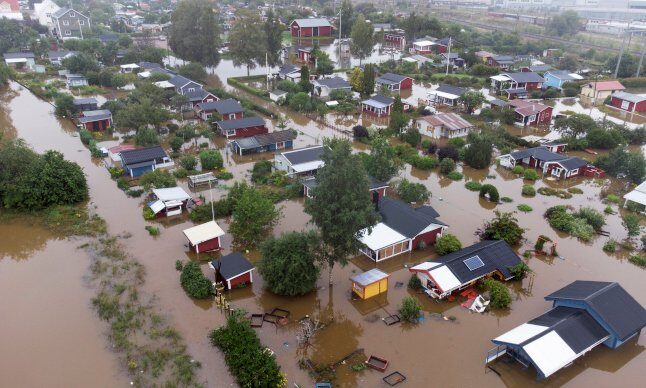 A residential area in Gävle covered in water on Wednesday.
