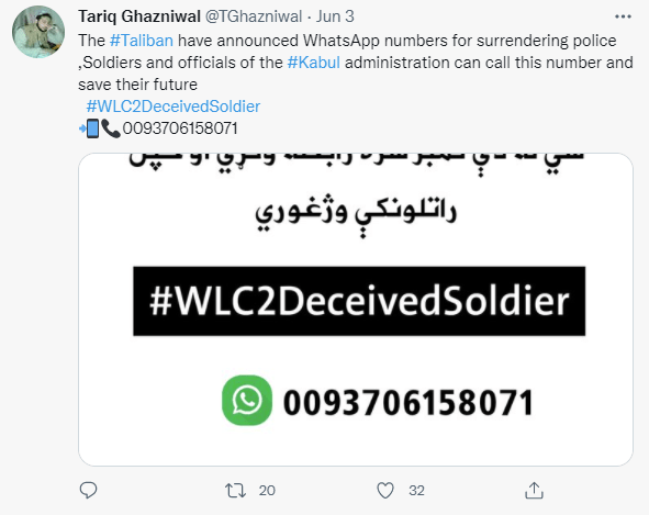 Click to enlarge tweet re whatsapp taliban