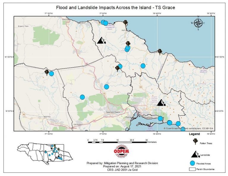 Click to enlarge Floods and landslides Jamaica after Tropical Storm Grace, 17 August 2021.
