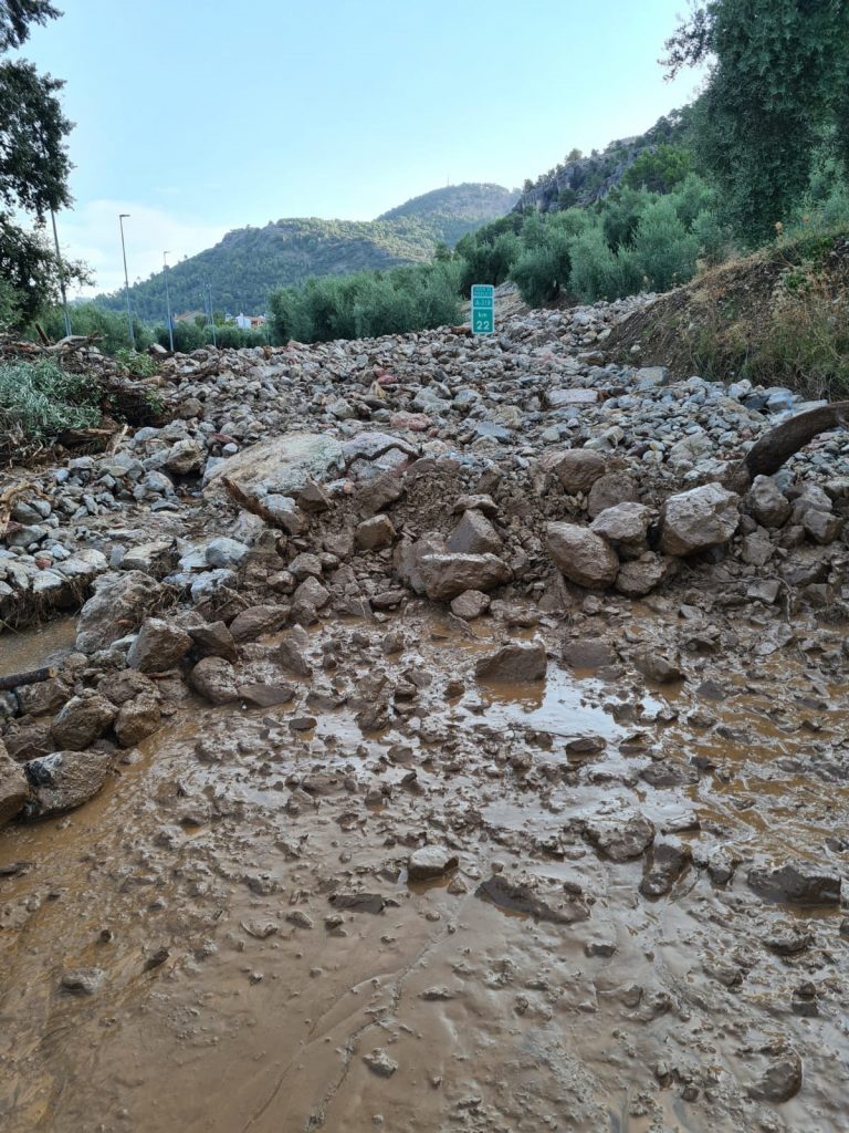 Flood debris on road in Jaén Province, Spain August 2021.