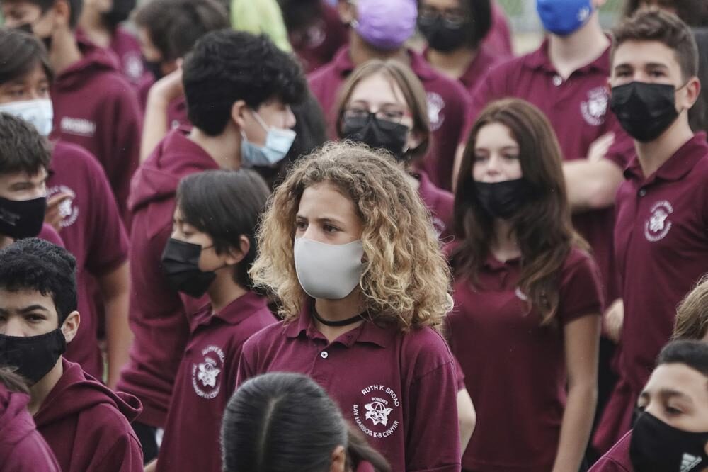 Students with masks at Ruth K. Broad Bay Harbor K-8 Center in Bay Harbor Islands