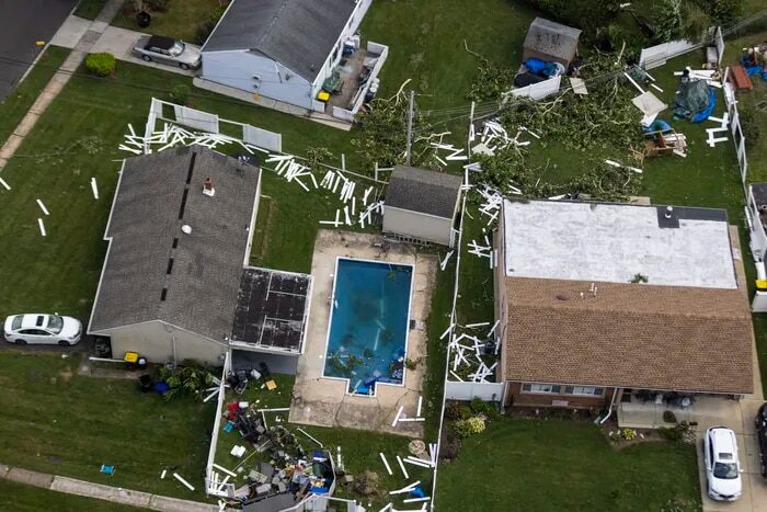 Storm damage after the tornado hit in Trevose, Pa., on July 29 during a 
