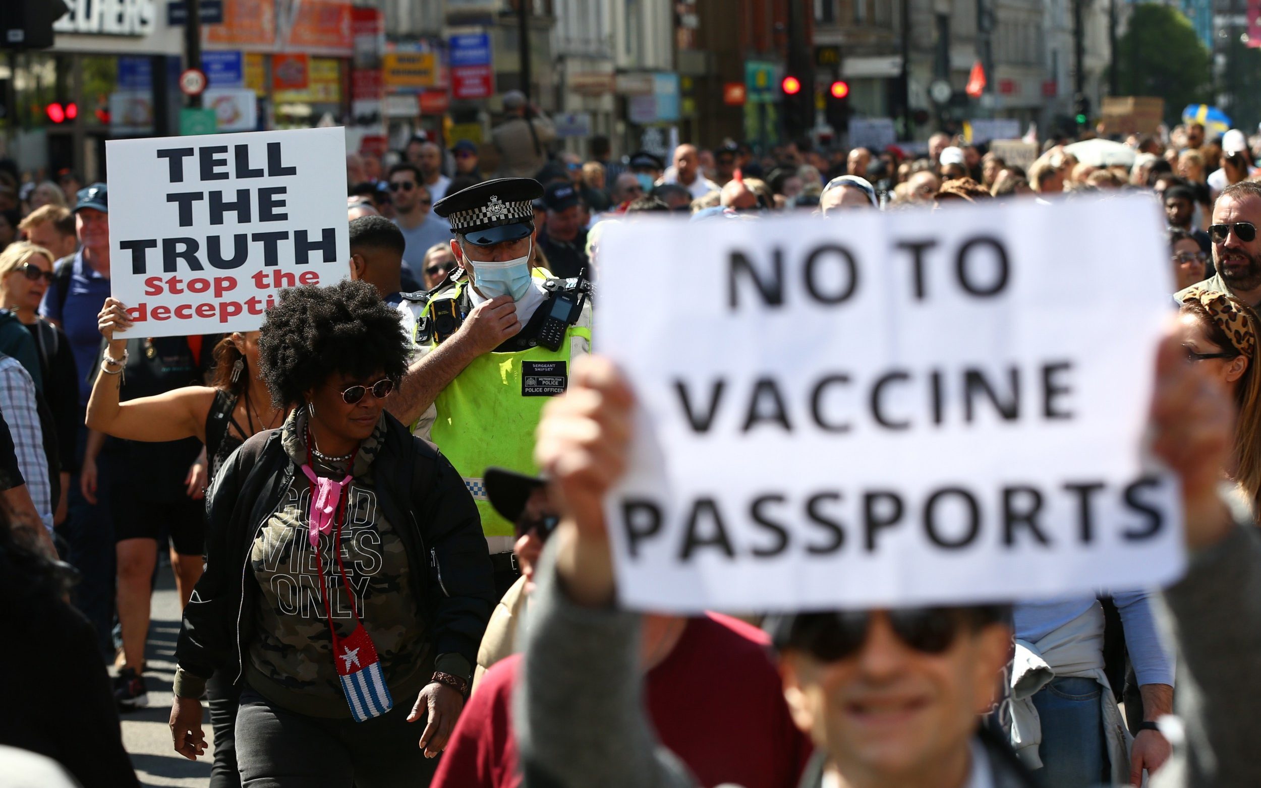 Click to enlarge London COVID vaccine passport protest