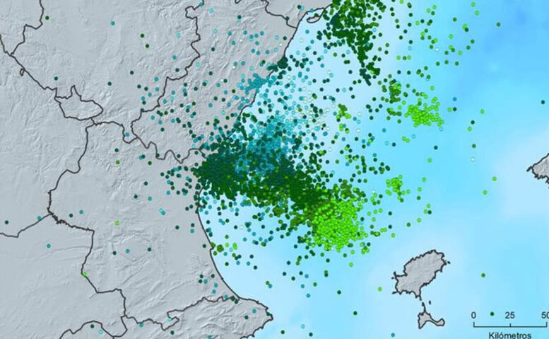 map showing more than 7,000 lightning discharges hit Valencian coast on Monday, August 30.