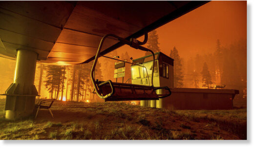 The Caldor Fire burns at the Sierra-at-Tahoe ski resort in Eldorado National Forest, California, Monday, Aug. 30, 2021