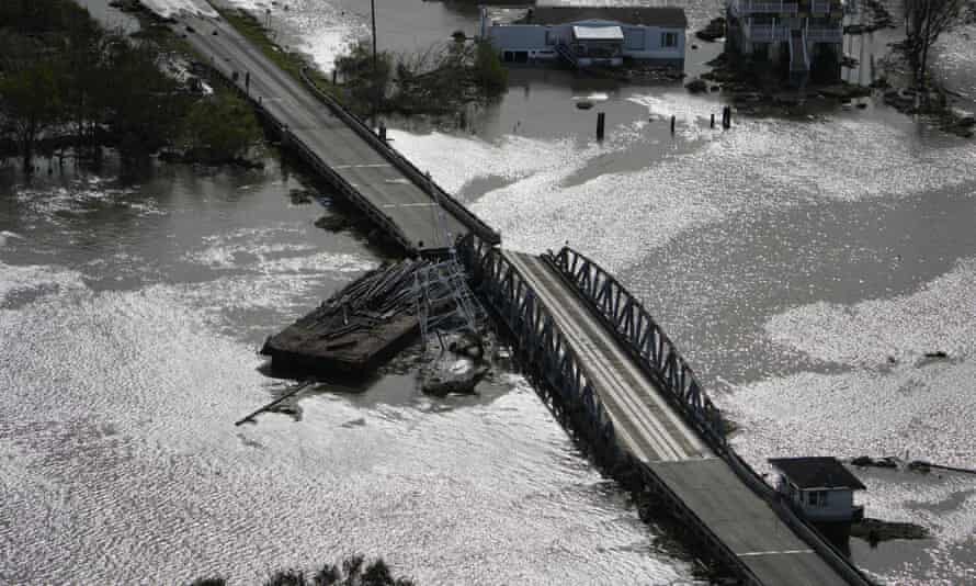 A barge damages a bridge that divides Lafitte, Louisiana and Jean Lafitte, in the aftermath of Hurricane Ida, on Monday.