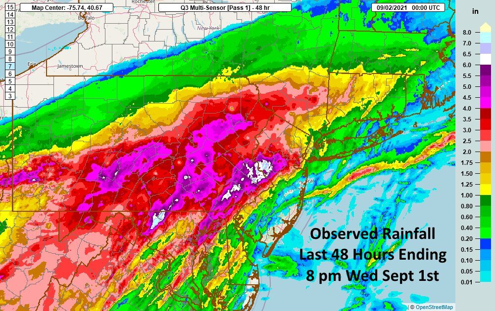 Rainfall in north east USA after remnants of Hurricane Ida 30 August to 01 September 2021.