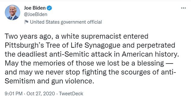 Click to enlarge Biden's tweet on tree of life synagogue