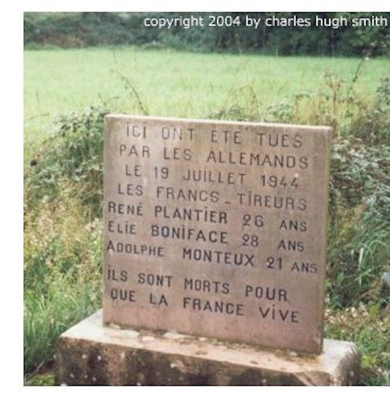 Click to enlarge memorial commemorates three young French civilians who were taken out and shot by Nazi soldiers