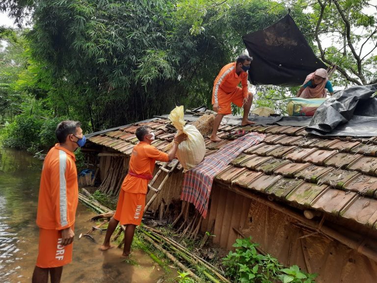 NDRF Kolkata carry out flood rescue and relief supplies distribution in West Bengal, India, September 2021.