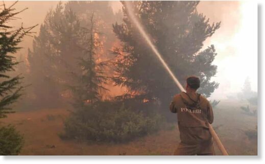 A firefighter trying to extinguish wildfire in the republic of Yakutia, Russia, in August 2021.