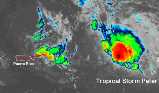 The red arrow points from Lucena's camera to the offshore electrical storm.
