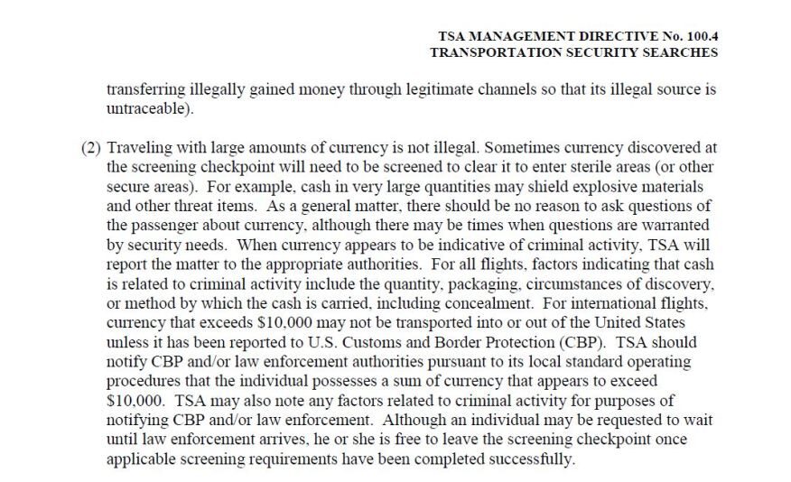 Click to enlarge TSA rules carrying cash