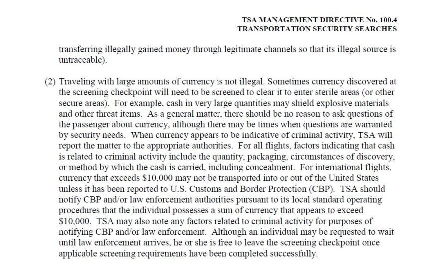 TSA rules carrying cash