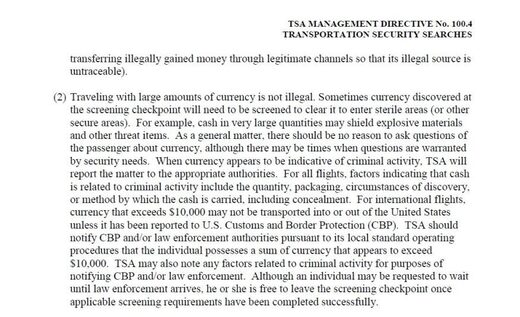 Click to enlarge TSA rules carrying cash