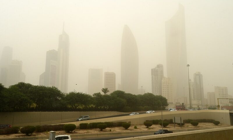 Click to enlarge Photo taken on Sept. 26, 2021 shows buildings shrouded in heavy dust in Kuwait City, Kuwait. A heavy sand storm engulfed Kuwait on Sunday.