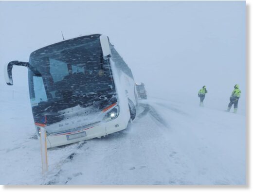 A bus was blown off the road in Hrútafjörður.