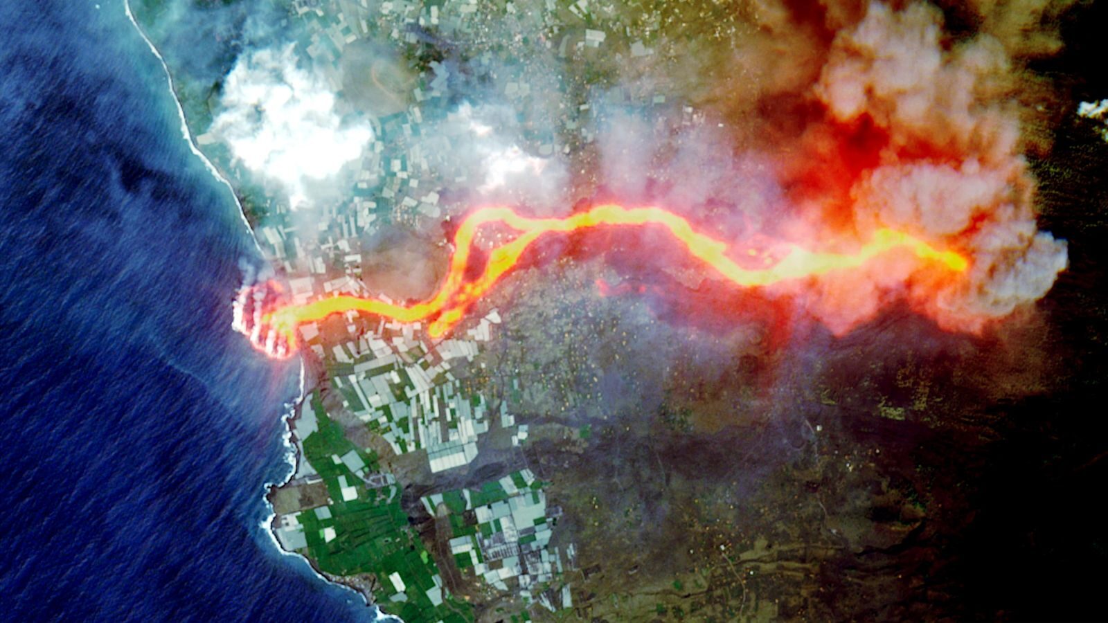 A satellite image of the lava flow on the island of La Palma taken before the eruption of a third fissure.