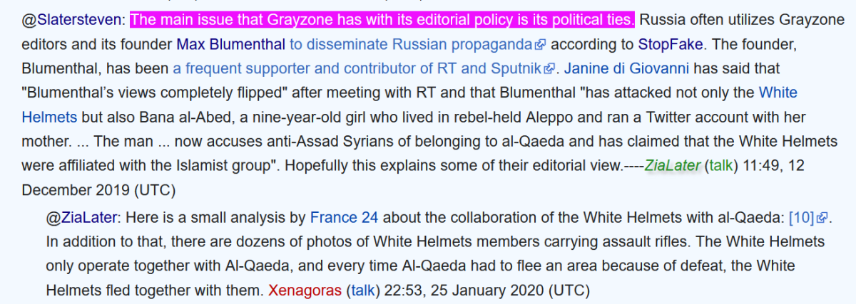 wikipedia editor discussion blacklist grayzone