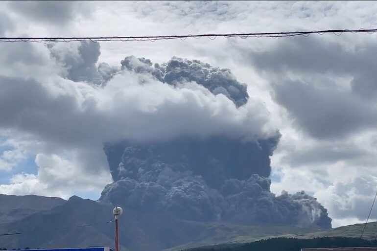 Smoke and ash are seen during an eruption on Mount Aso in Kyushu on Wednesday