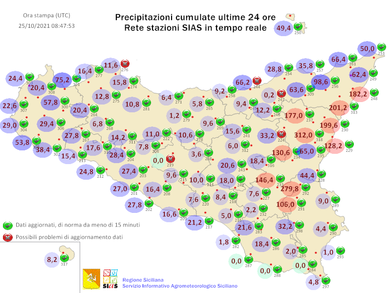Rainfall Sicily, Italy to 25 October 2021.