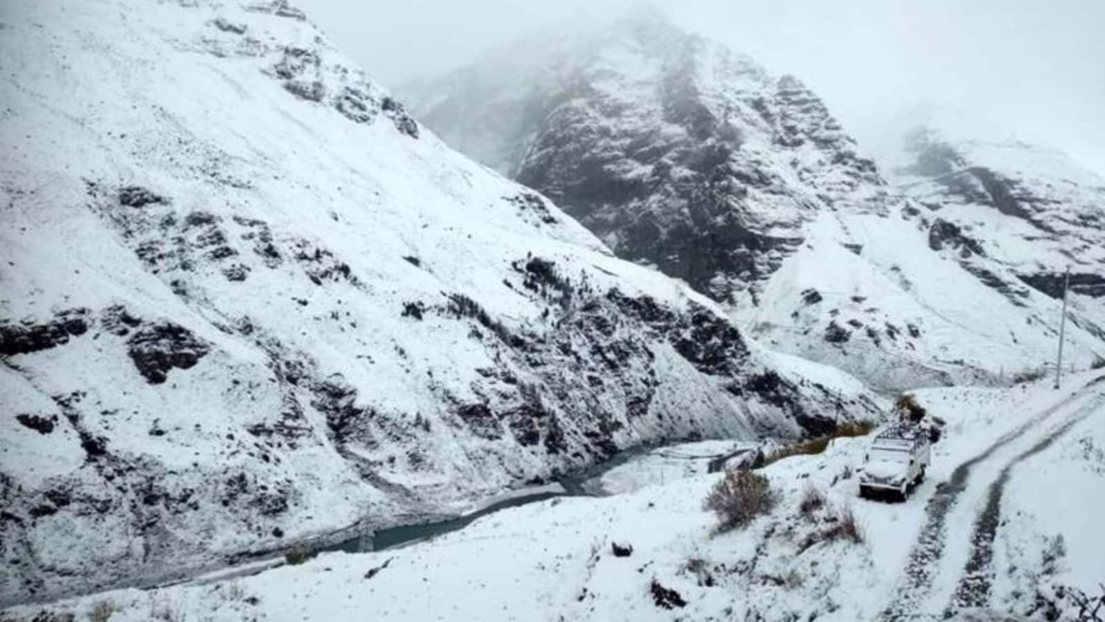 Lahaul and Spiti district of Himachal Pradesh received snowfall on Sunday, leading to a dip in the mercury and blocked roads.