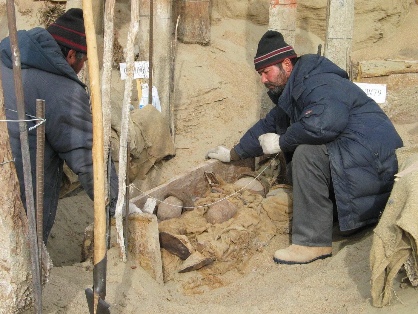 Click to enlarge Excavation of burial M75 at the Xiaohe cemetery.