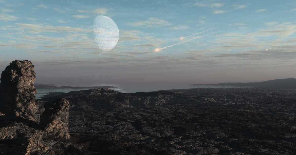 Artist’s depiction of asteroids impacting the early Earth.